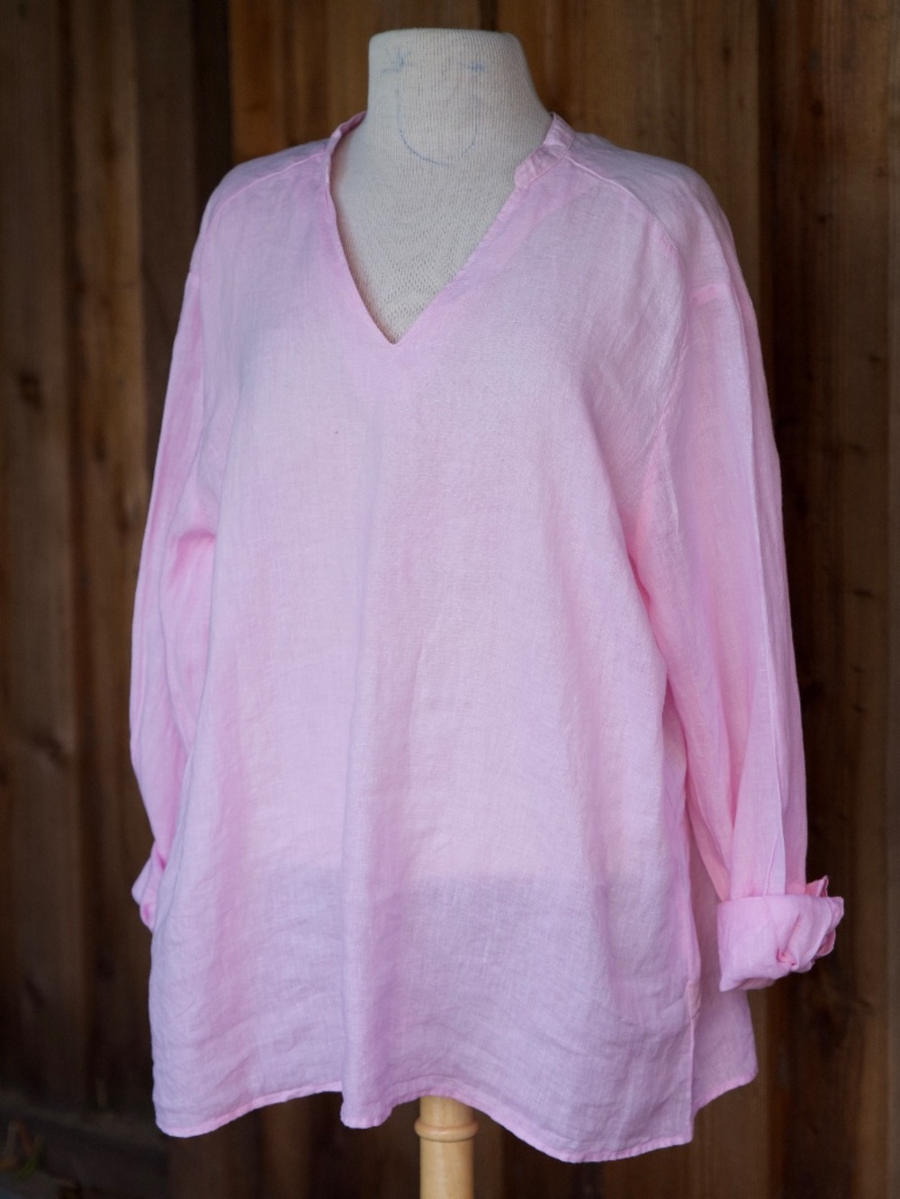 William 100% Linen Pink Long Sleeve V-Neck Blouse Made In Italy Woman's XXL